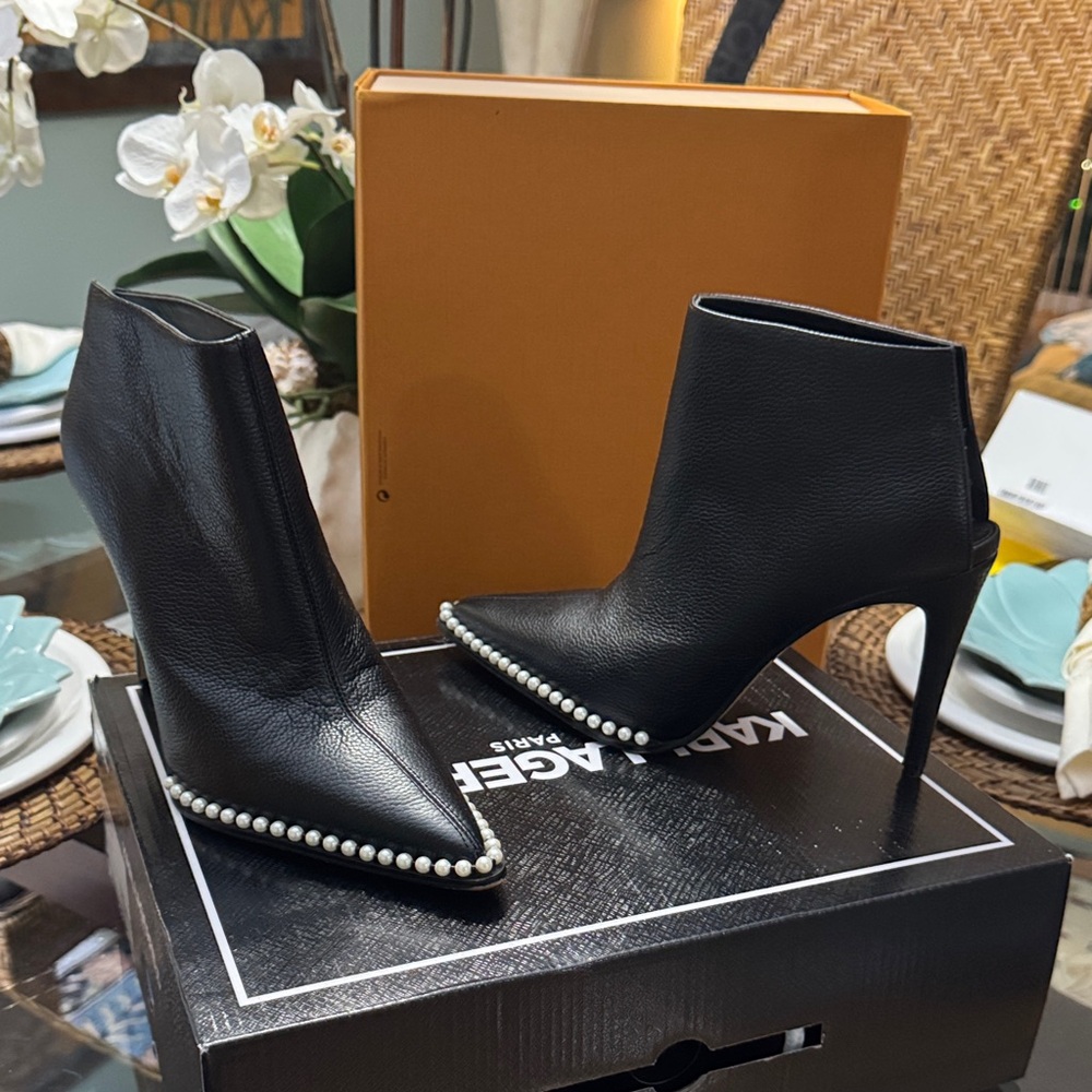 Karl Lagerfeld Black Heeled Boots with Pearl Trim